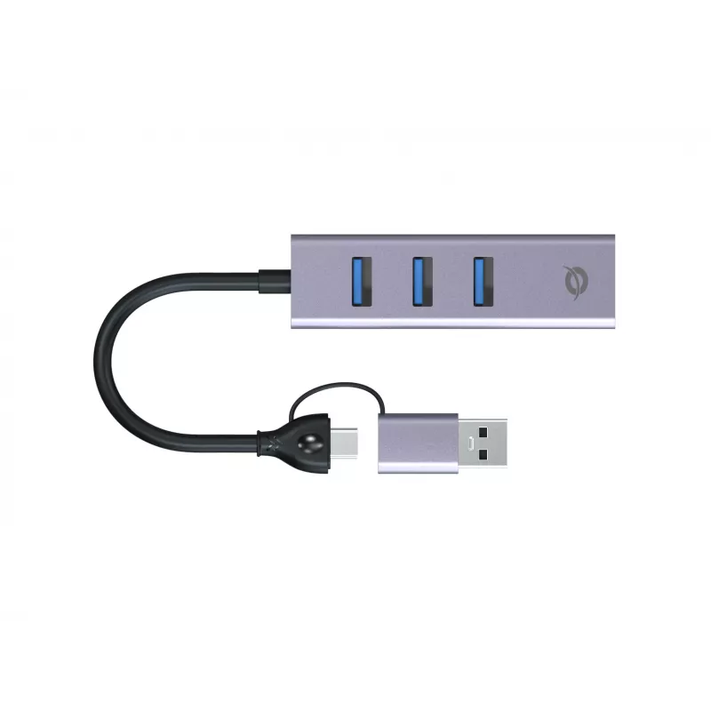 USB-C prie Gigabitinio tinklo adapteris su 3 prievadų USB šakotuvu CONCEPTRONIC ABBY25G — USB 3.2 Gen 1, 1 Gbps Ethernet, 3x USB-A, aliuminis, pilkas