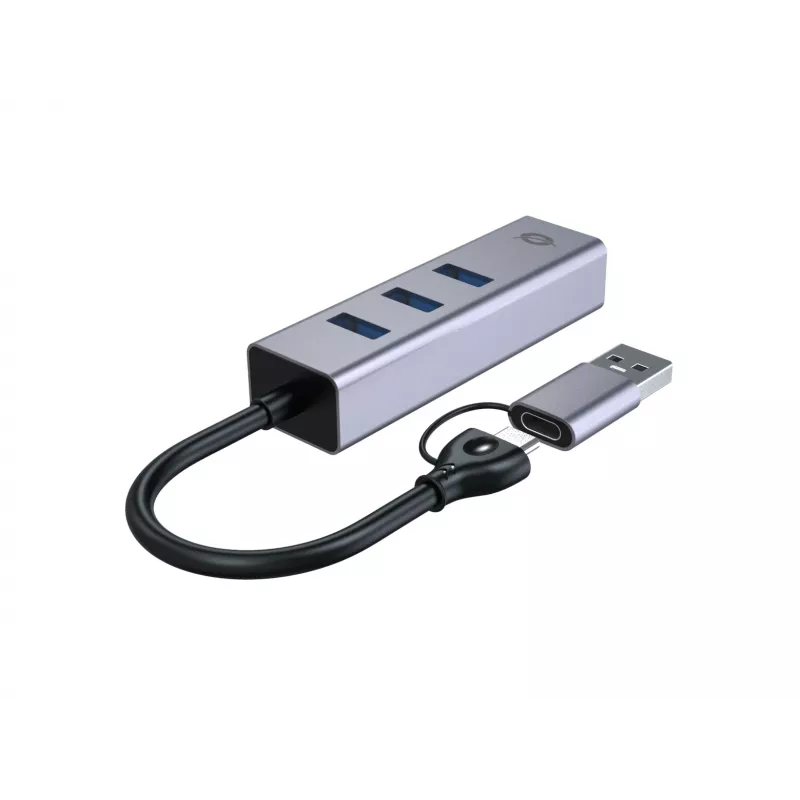 USB-C prie Gigabitinio tinklo adapteris su 3 prievadų USB šakotuvu CONCEPTRONIC ABBY25G — USB 3.2 Gen 1, 1 Gbps Ethernet, 3x USB-A, aliuminis, pilkas