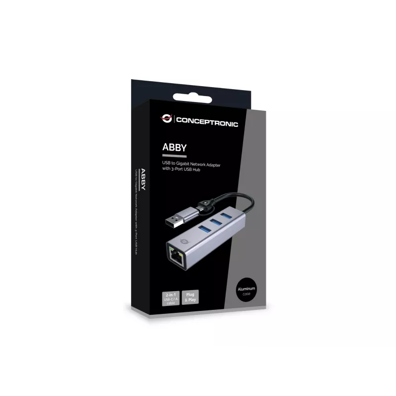 USB-C prie Gigabitinio tinklo adapteris su 3 prievadų USB šakotuvu CONCEPTRONIC ABBY25G — USB 3.2 Gen 1, 1 Gbps Ethernet, 3x USB-A, aliuminis, pilkas
