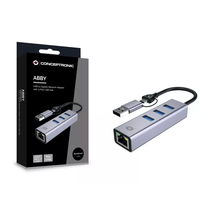 USB-C prie Gigabitinio tinklo adapteris su 3 prievadų USB šakotuvu CONCEPTRONIC ABBY25G — USB 3.2 Gen 1, 1 Gbps Ethernet, 3x USB-A, aliuminis, pilkas