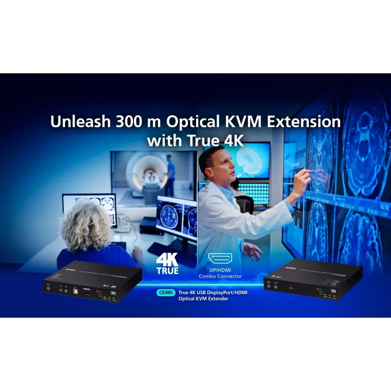 KVM plėtiklis ATEN True 4K DP/HDMI Optical KVM 300m – siųstuvas ir imtuvas, DisplayPort/HDMI, USB, 300 m