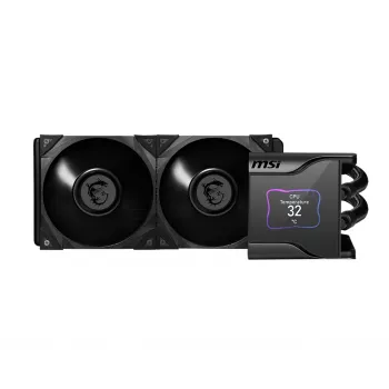 MSI MEG CORELIQUID S280 skysčio procesoriaus aušintuvas „280 mm radiatorius, 2,4″ IPS ekranas su ventiliatoriumi, 2x 140 mm tylūs PWM ventiliatoriai, centrinis, palaiko Intel ir AMD platformas, paruoštas naujausiam LGA 1700, aušinamas ASETEK“
