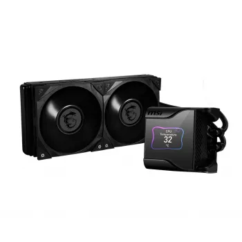 MSI MEG CORELIQUID S280 skysčio procesoriaus aušintuvas „280 mm radiatorius, 2,4″ IPS ekranas su ventiliatoriumi, 2x 140 mm tylūs PWM ventiliatoriai, centrinis, palaiko Intel ir AMD platformas, paruoštas naujausiam LGA 1700, aušinamas ASETEK“