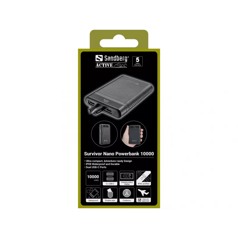 Sandberg Survivor Nano Powerbank 10000, 10000 mAh, ličio jonų (Li-Ion), 3,7 V, 20 W, juoda