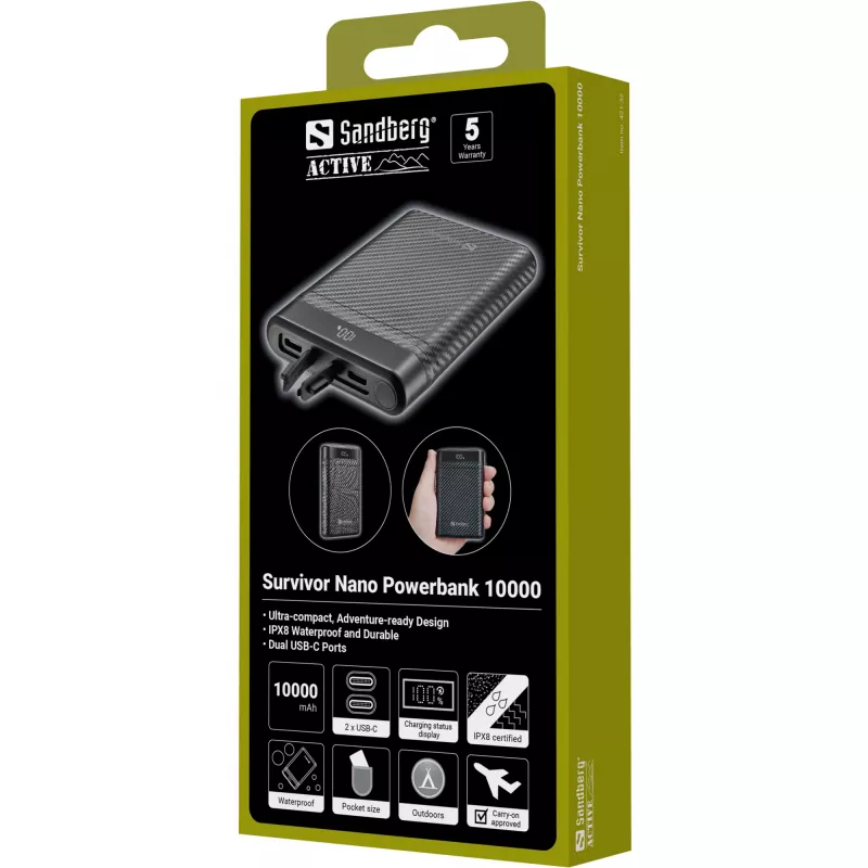 Sandberg Survivor Nano Powerbank 10000, 10000 mAh, ličio jonų (Li-Ion), 3,7 V, 20 W, juoda