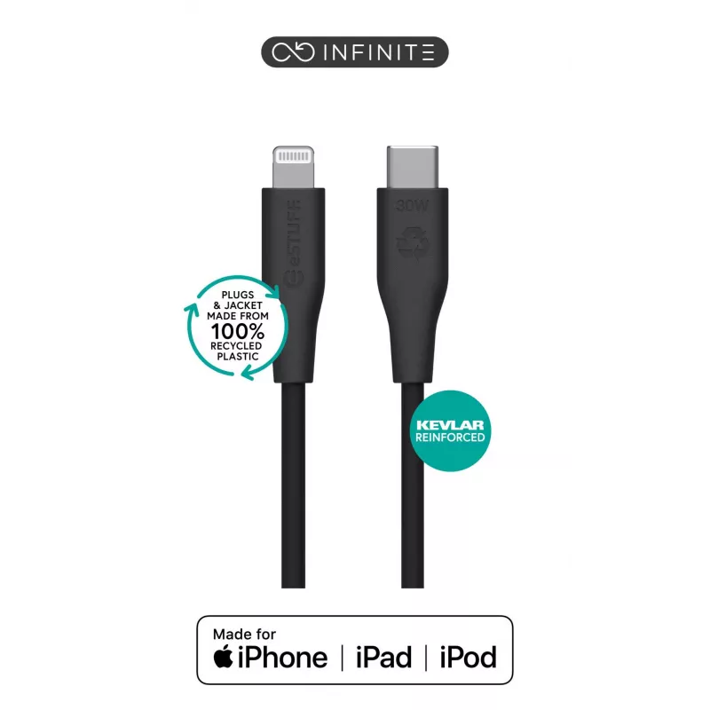 Lightning į USB-C kabelis eSTUFF ES602180 — 1 m, juodas, MFi sertifikuotas, RoHS