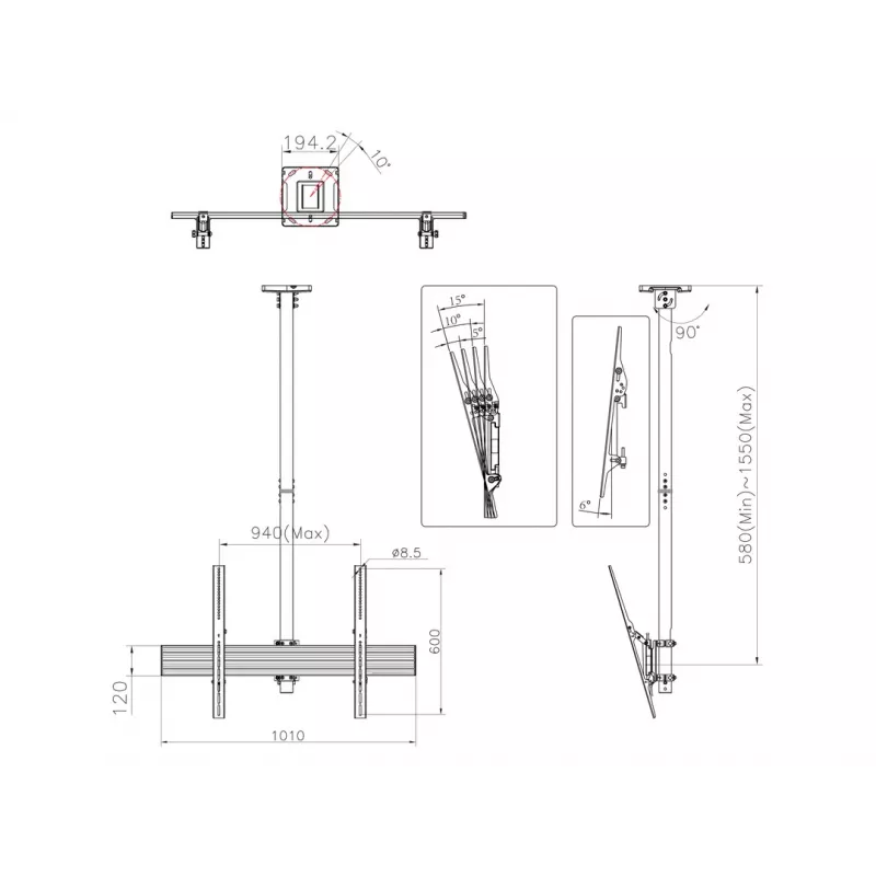 Lubinis laikiklis MULTIBRACKETS M Ceiling Mount Pro MBC1UHD 40–75 colių ekranams, 90 kg keliamoji galia, VESA 100x100–900x600, reguliuojamas aukštis 580–1550 mm