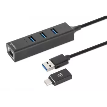 Manhattan USB-C ir USB-A kombinuotas dokas / šakotuvas, prievadai (4): Ethernet ir USB-A (x3), 5 Gbps (USB 3.2 Gen1, dar žinomas kaip USB 3.0), maitinamas per USB (išorinis maitinimo blokas nereikalingas)
