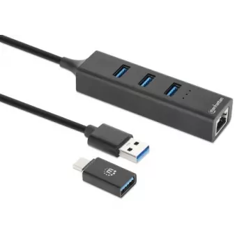 Manhattan USB-C ir USB-A kombinuotas dokas / šakotuvas, prievadai (4): Ethernet ir USB-A (x3), 5 Gbps (USB 3.2 Gen1, dar žinomas kaip USB 3.0), maitinamas per USB (išorinis maitinimo blokas nereikalingas)