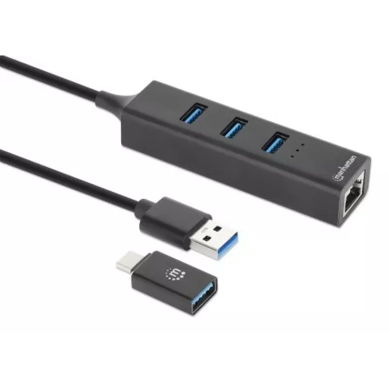 Manhattan USB-C ir USB-A kombinuotas dokas / šakotuvas, prievadai (4): Ethernet ir USB-A (x3), 5 Gbps (USB 3.2 Gen1, dar žinomas kaip USB 3.0), maitinamas per USB (išorinis maitinimo blokas nereikalingas)