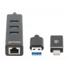 Manhattan USB-C ir USB-A kombinuotas dokas / šakotuvas, prievadai (4): Ethernet ir USB-A (x3), 5 Gbps (USB 3.2 Gen1, dar žinomas kaip USB 3.0), maitinamas per USB (išorinis maitinimo blokas nereikalingas)