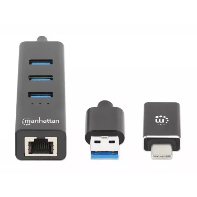 Manhattan USB-C ir USB-A kombinuotas dokas / šakotuvas, prievadai (4): Ethernet ir USB-A (x3), 5 Gbps (USB 3.2 Gen1, dar žinomas kaip USB 3.0), maitinamas per USB (išorinis maitinimo blokas nereikalingas)