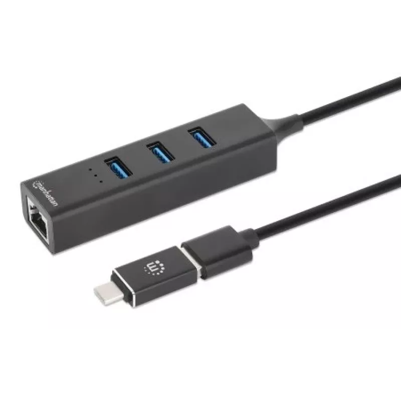 Manhattan USB-C ir USB-A kombinuotas dokas / šakotuvas, prievadai (4): Ethernet ir USB-A (x3), 5 Gbps (USB 3.2 Gen1, dar žinomas kaip USB 3.0), maitinamas per USB (išorinis maitinimo blokas nereikalingas)