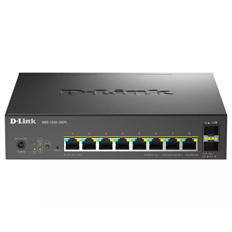 D-Link 10 prievadų kelių gigabitų išmanus valdomas PoE+ komutatorius su 8 kelių gigabitų 2,5G PoE ir 2 10G SFP+ prievadais