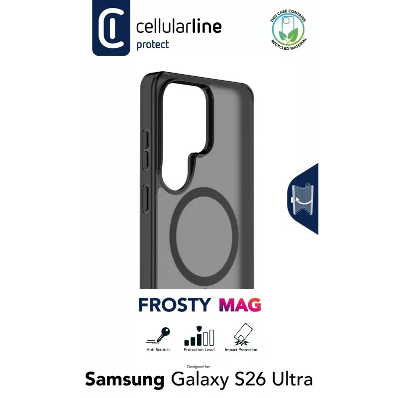 Cellularline FROSTY MAG - Galaxy S26 Ultra pusiau permatomas dėklas su matiniu paviršiumi ir spalvotais kraštais, suderinamas su Qi2 ekosistema ir magnetiniais priedais, skirtais Samsung.