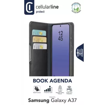 Cellularline Book Agenda 2 - Galaxy A37 knygos tipo dirbtinės odos dėklas su magnetiniu užsegimu, stovo funkcija ir RFID/NFC apsauga belaidėms kortelėms.