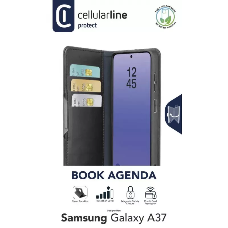 Cellularline Book Agenda 2 - Galaxy A37 knygos tipo dirbtinės odos dėklas su magnetiniu užsegimu, stovo funkcija ir RFID/NFC apsauga belaidėms kortelėms.