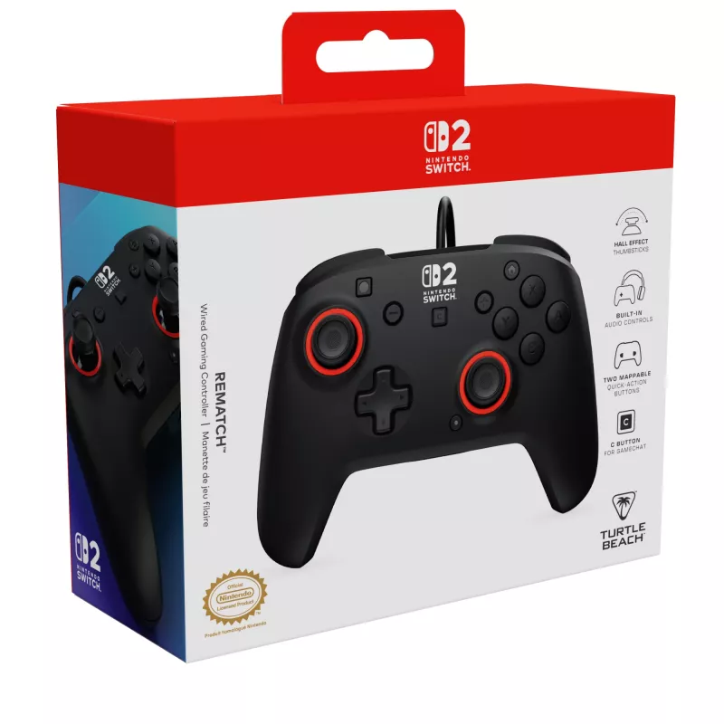 Laidinis žaidimų valdiklis „Turtle Beach Rematch“, skirtas „Nintendo Switch 2“ – USB‑C, 3 m laidas, atgalinis mygtukas, D‑pad, juodas