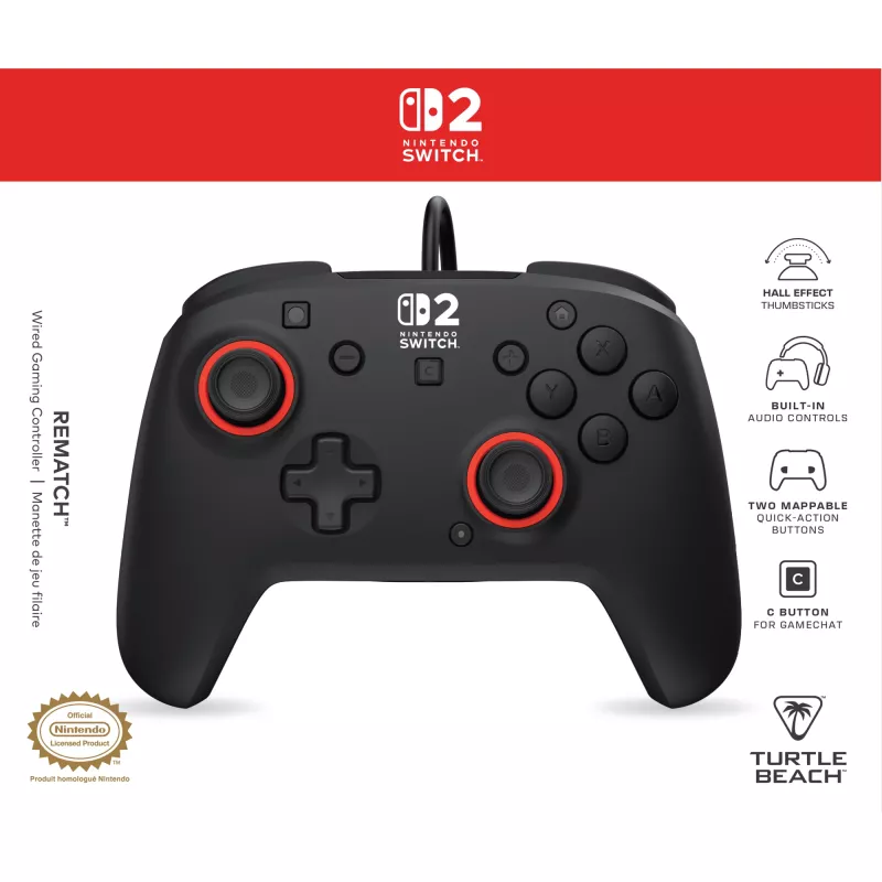 Laidinis žaidimų valdiklis „Turtle Beach Rematch“, skirtas „Nintendo Switch 2“ – USB‑C, 3 m laidas, atgalinis mygtukas, D‑pad, juodas