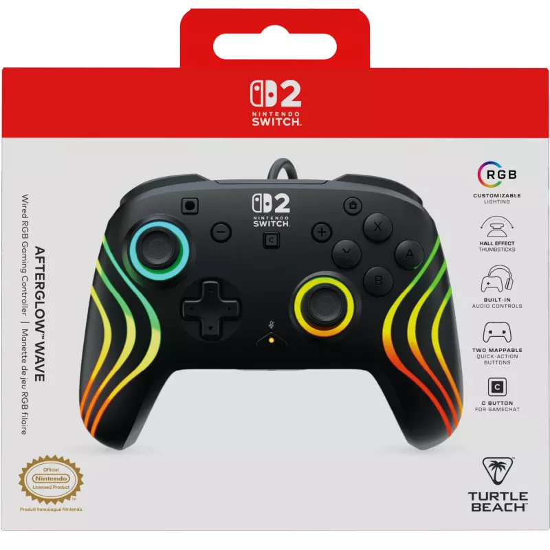 Žaidimų pultelis Turtle Beach Afterglow Wave Juoda laidinis RGB valdiklis, skirtas Nintendo Switch / Switch 2, USB-C, 3 m laidas