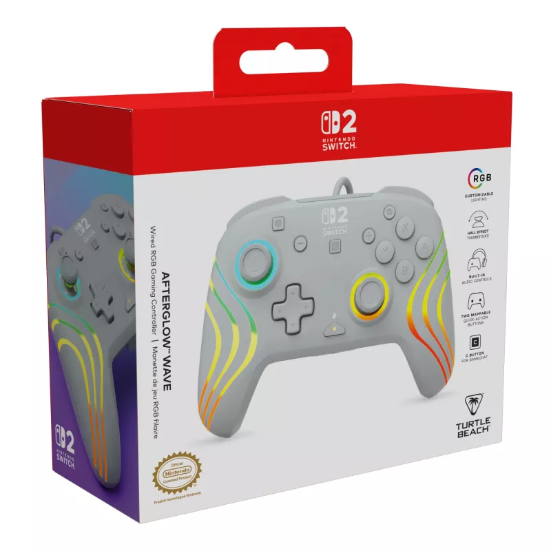 Laidinis RGB žaidimų valdiklis Turtle Beach Afterglow Wave pilkas — USB‑C, 3 m laidas, skirtas Nintendo Switch / Switch 2 / Switch OLED