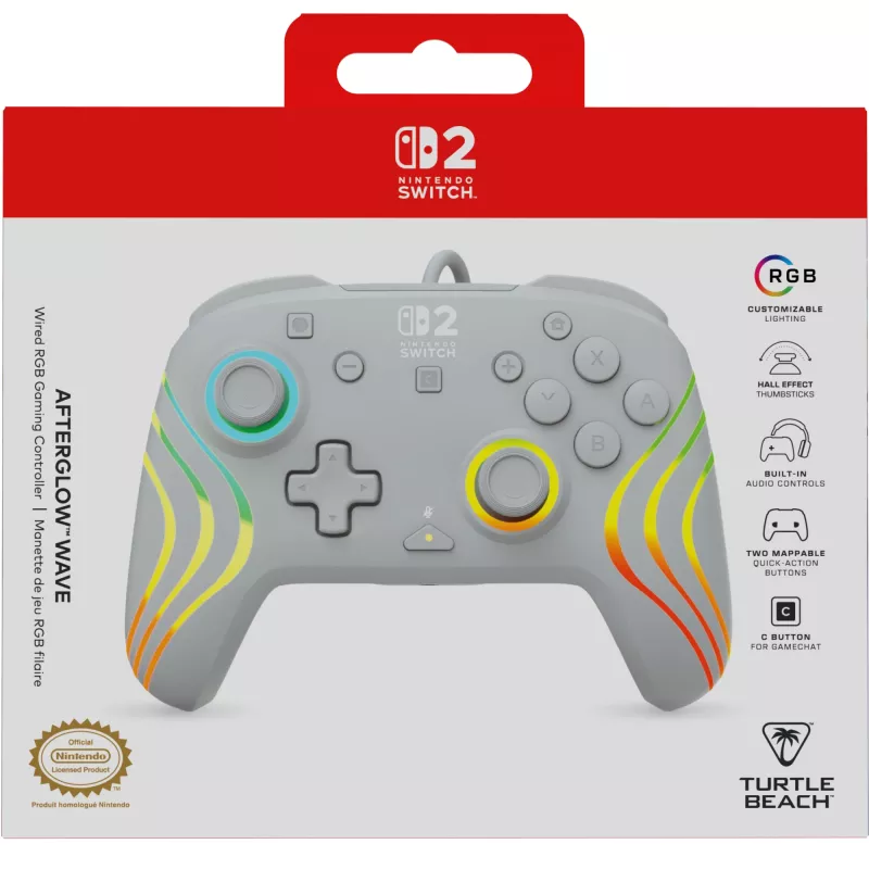 Laidinis RGB žaidimų valdiklis Turtle Beach Afterglow Wave pilkas — USB‑C, 3 m laidas, skirtas Nintendo Switch / Switch 2 / Switch OLED