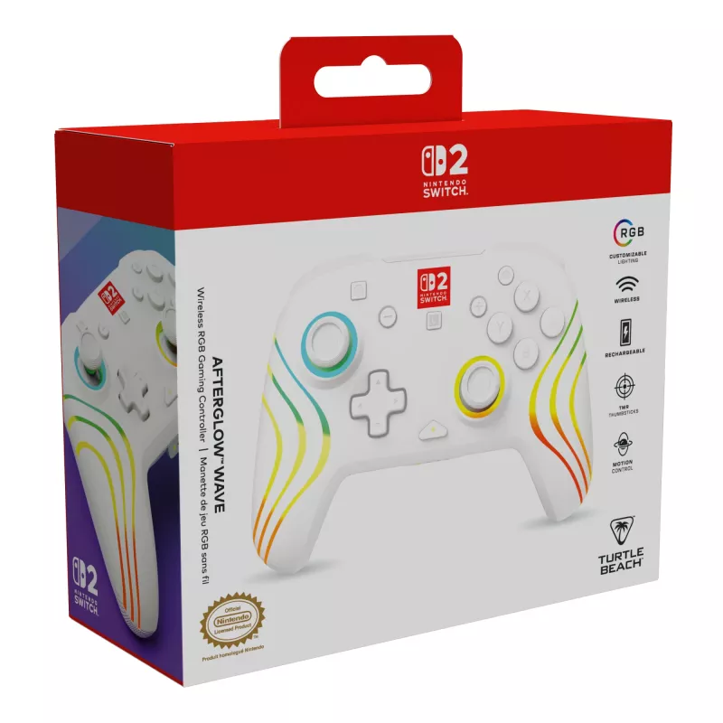 Belaidis RGB žaidimų valdiklis Turtle Beach Afterglow Wave baltas, skirtas Nintendo Switch 2, Bluetooth/USB-C, įmontuota baterija 20 val., 3 m laidas