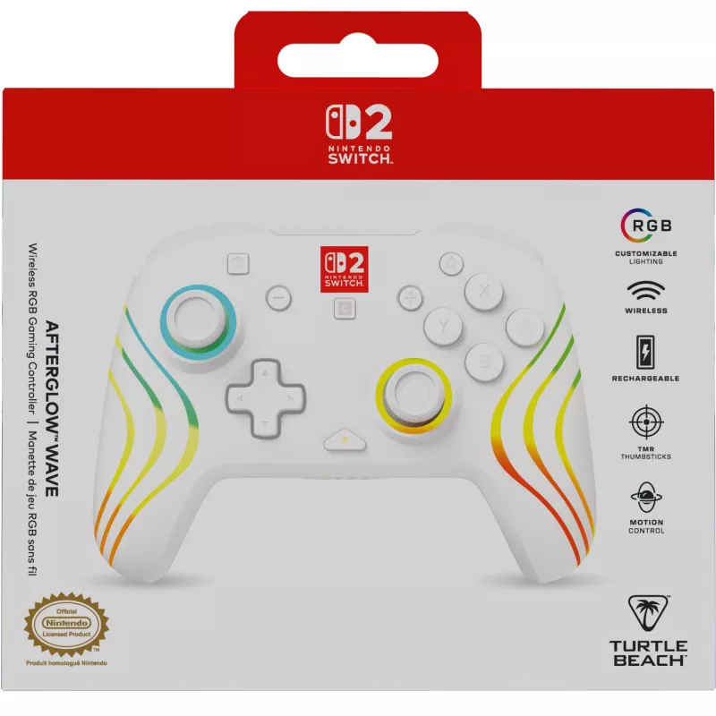 Belaidis RGB žaidimų valdiklis Turtle Beach Afterglow Wave baltas, skirtas Nintendo Switch 2, Bluetooth/USB-C, įmontuota baterija 20 val., 3 m laidas