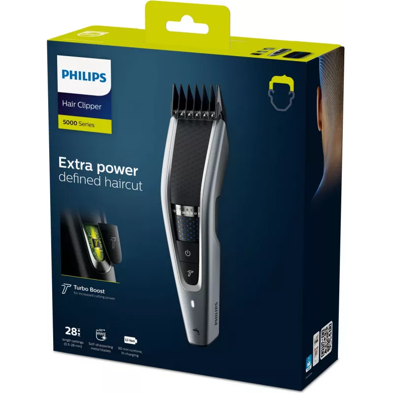 Plaukų kirpimo mašinėlė Philips 5000 serija HC5630/15 — belaidė, 28 ilgio pakopos (0,5 mm–28 mm), 90 min. veikimo laikas, nerūdijančio plieno peiliukai