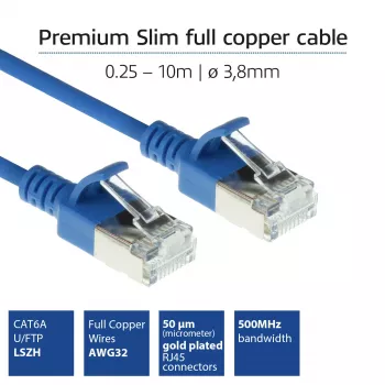 ACT Blue 1.5 meter LSZH U/FTP CAT6A duomenų centro plonas komutacinis kabelis su nesikabinančiomis RJ45 jungtimis