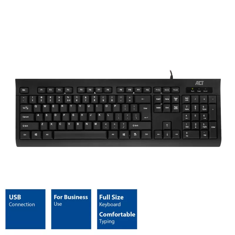ACT verslo klaviatūra USB (Qwerty/US išdėstymas), pilno dydžio (100%), laidinė, USB, membraninė, QWERTY, juoda