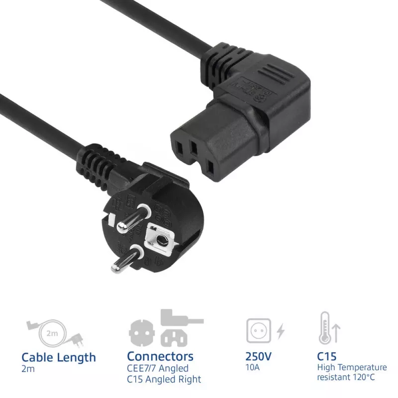 ACT Powercord maitinimo jungtis CEE 7/7 kištukas (kampinė) - C15 (kampinė dešinė) IEC60320 juoda 2 m