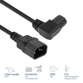 ACT maitinimo laidas C14 - C15 (kairinis kampas) IEC60320 juodas 0,6 m