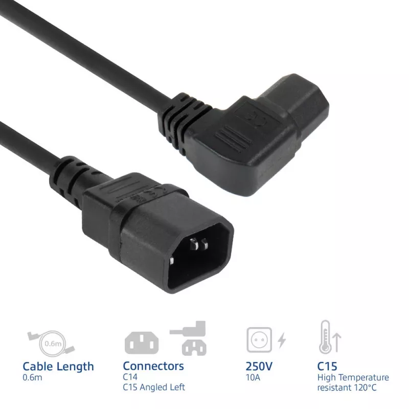 ACT maitinimo laidas C14 - C15 (kairinis kampas) IEC60320 juodas 0,6 m