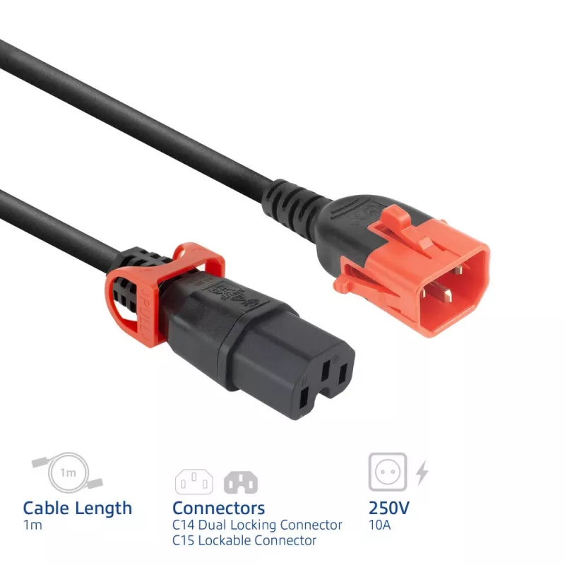 ACT maitinimo laidas C14 IEC Lock+ dvigubas užraktas - C15 IEC Lock+ juodas 1 m, PC3868