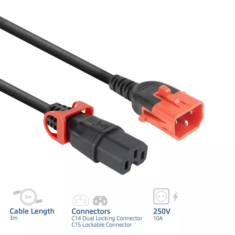 ACT maitinimo laidas C14 IEC Lock+ dvigubas užraktas - C15 IEC Lock+ juodas 3 m, PC3876