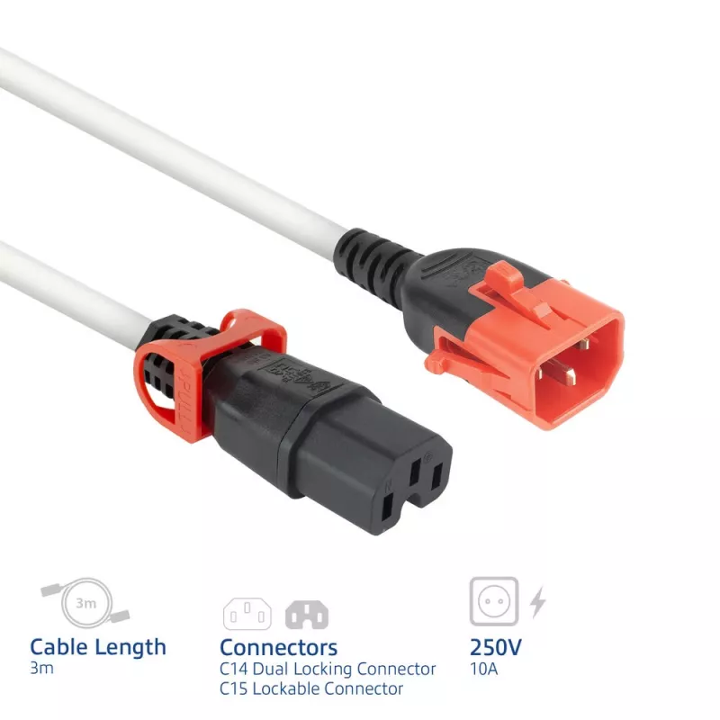 ACT maitinimo laidas C14 IEC Lock+ Dual Locking - C15 IEC Lock+ baltas 3 m, PC3879