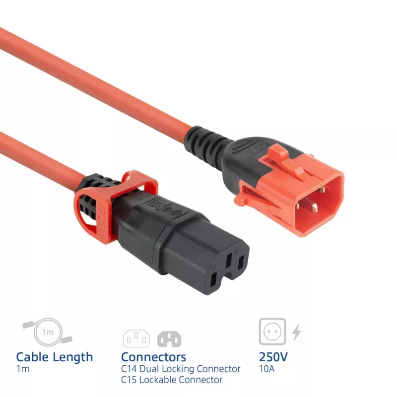 ACT maitinimo laidas C14 IEC Lock+ Dual Locking - C15 IEC Lock+ raudonas, 1 m, PC3869