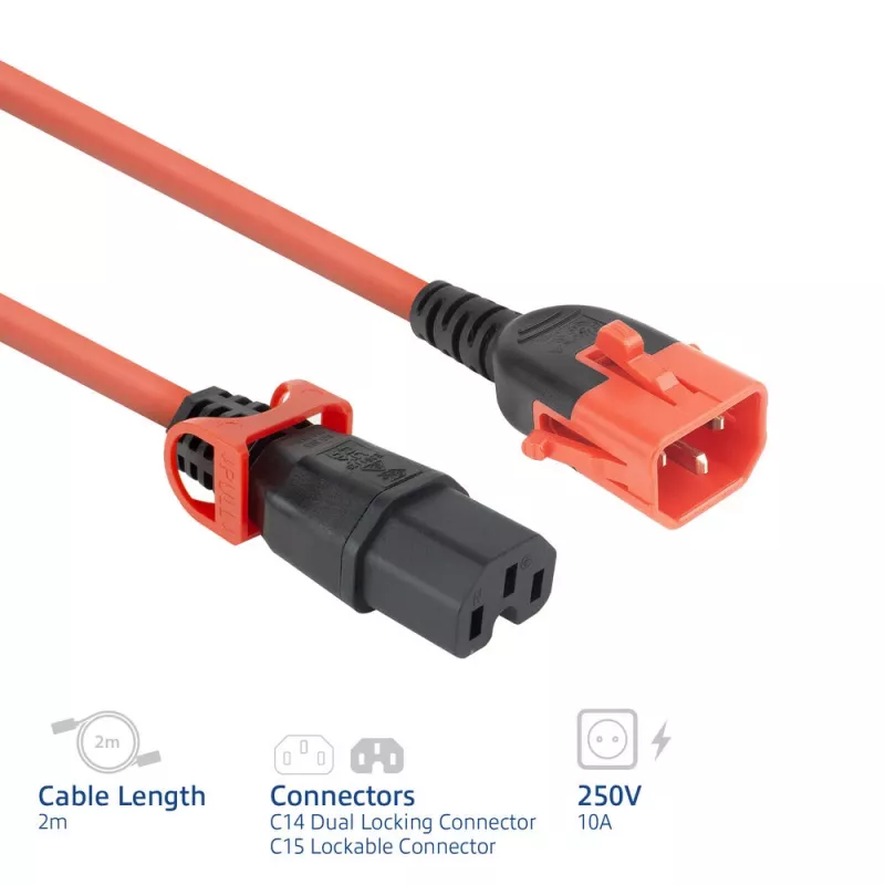 ACT maitinimo laidas C14 IEC Lock+ Dual Locking - C15 IEC Lock+ raudonas 2 m, PC3873
