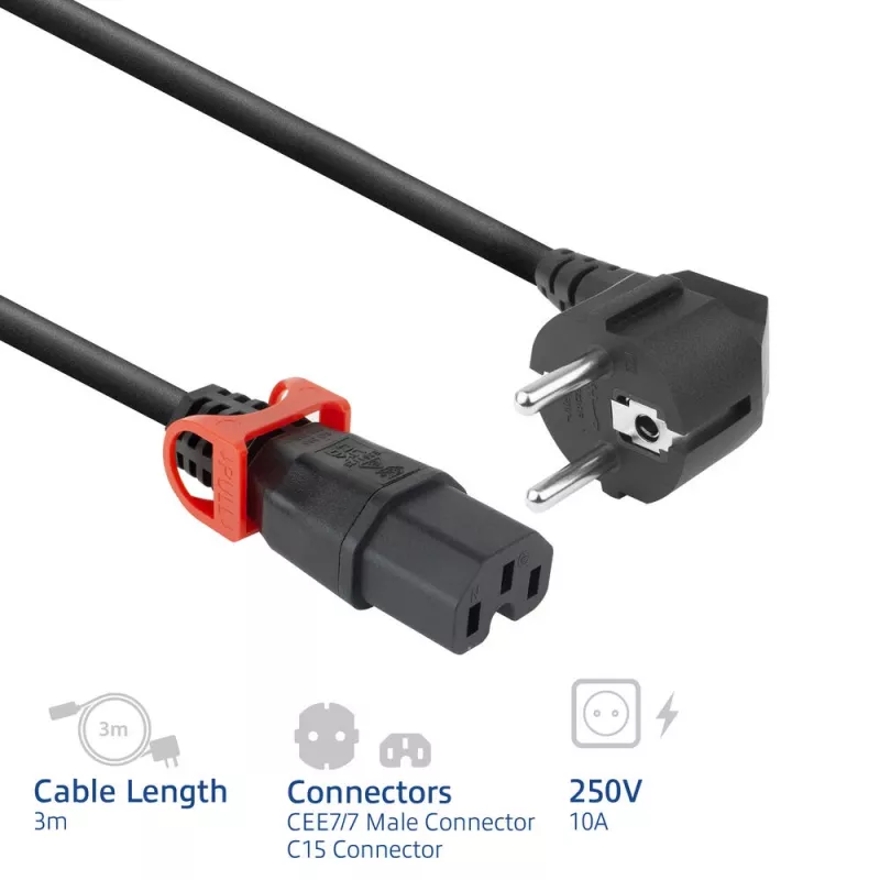 Maitinimo laidas ACT CEE 7/7 (kampinis) į IEC C15 Lock+ juodas, 3 m, 10 A, 250 V