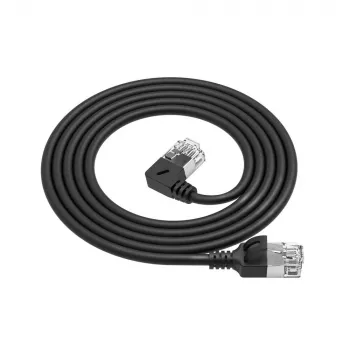 ACT juodas 1 m U/FTP CAT6A LSZH plonas komutacinis kabelis su RJ45 jungtimis 90° kampuota kairė į tiesią