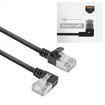ACT juodas 1 m U/FTP CAT6A LSZH plonas komutacinis kabelis su RJ45 jungtimis 90° kampuota kairė į tiesią