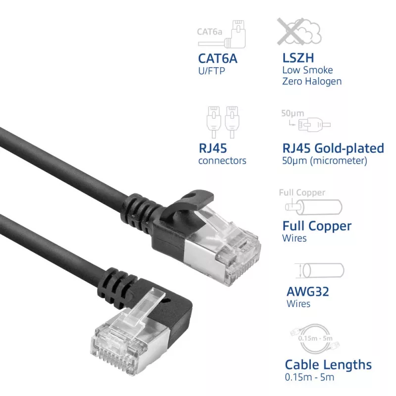 ACT juodas 3 m U/FTP CAT6A LSZH plonas komutacinis kabelis su RJ45 jungtimis 90° kampuota kairėn į tiesią