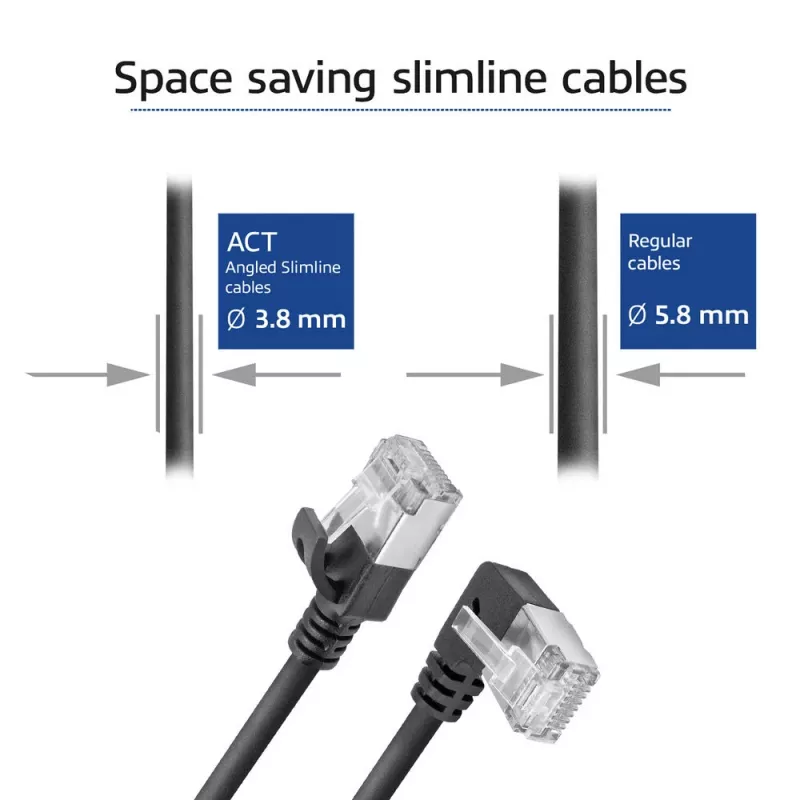 ACT juodas 3 m U/FTP CAT6A LSZH plonas komutacinis kabelis su RJ45 jungtimis 90° kampuota kairėn į tiesią