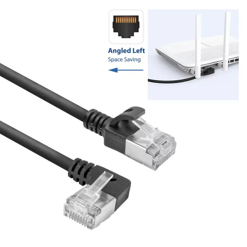 ACT Juoda 5 m U/FTP CAT6A LSZH Slimline komutacinis kabelis su RJ45 jungtimis 90° kampuota į kairę prie tiesios