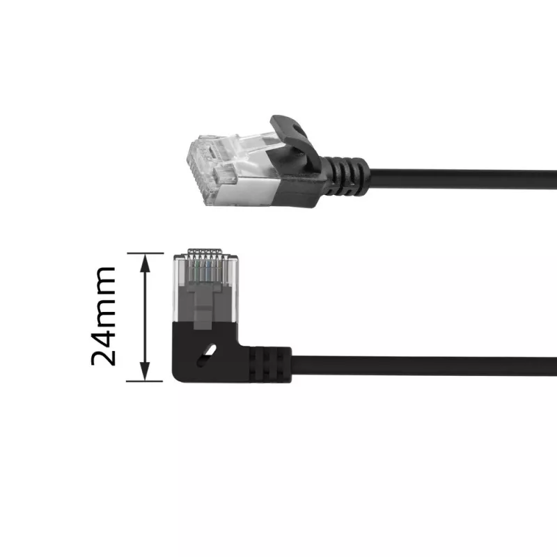ACT Juoda 5 m U/FTP CAT6A LSZH Slimline komutacinis kabelis su RJ45 jungtimis 90° kampuota į kairę prie tiesios