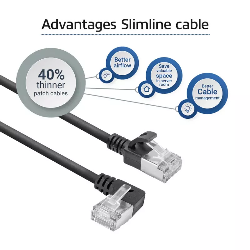 ACT juodas 0,25 metro U/FTP CAT6A LSZH plonas pataisų laidas su RJ45 jungtimis, 90° kampuota kairėn į tiesią