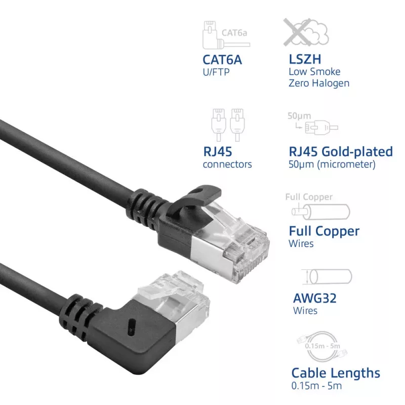 ACT juodas 0,5 m U/FTP CAT6A LSZH plonas komutacinis kabelis su RJ45 jungtimis, 90° kampuotas dešinėn į tiesią