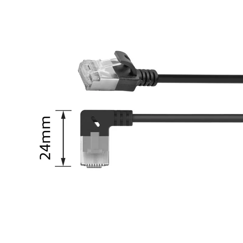 ACT juodas 0,5 m U/FTP CAT6A LSZH plonas komutacinis kabelis su RJ45 jungtimis, 90° kampuotas dešinėn į tiesią