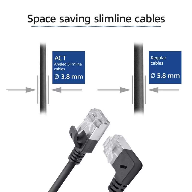 ACT juodas 0,5 m U/FTP CAT6A LSZH plonas komutacinis kabelis su RJ45 jungtimis, 90° kampuotas dešinėn į tiesią